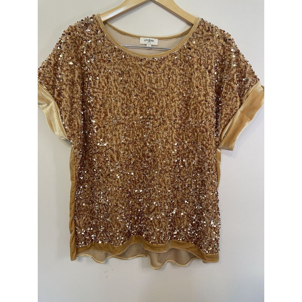 Umgee Top Blouse Sequin Large Gold Velvet Short Folded Sleeve Holiday Party